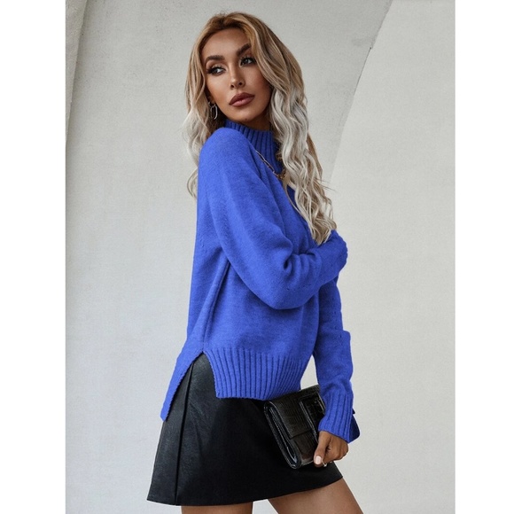 Royal Blue Knit Turtleneck Pullover Sweater Long Sleeve Side Slits - Picture 3 of 10